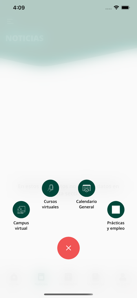 Interfaz de la app móvil UNED que muestra iconos circulares de acceso directo a cursos virtuales del campus, calendario académico y empleo