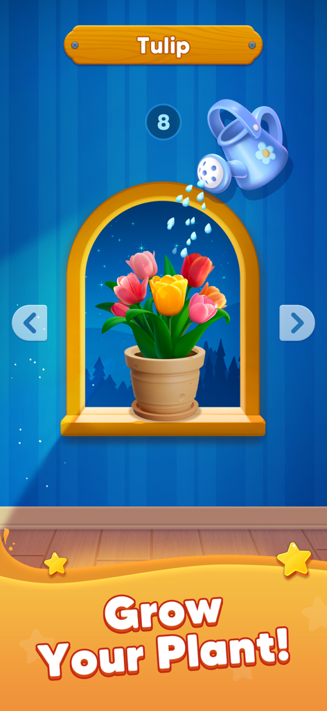 Watering a potted tulip plant in the Water Sort Master mobile puzzle game