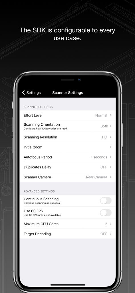 Barcode Scanners - Detailed scanner configuration settings within the Cognex Barcode Scanners app