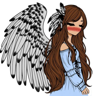 realistic girl with bird wings and some feathers in her hair
