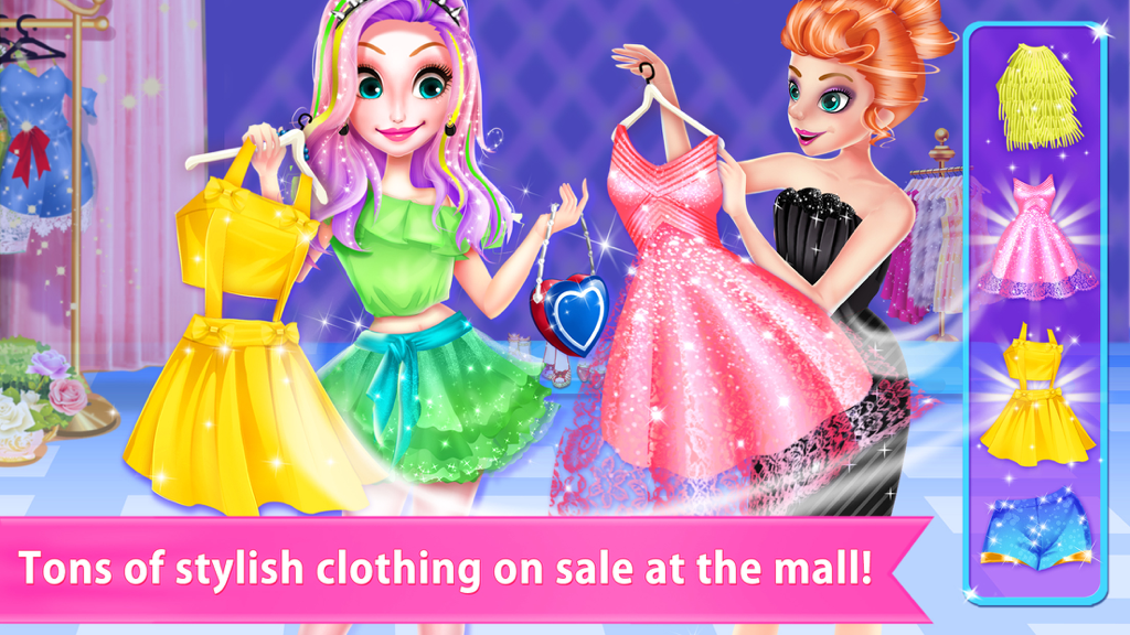Mall Girl Shopping Day - Dress up Girl Games - Two girls choosing colorful dresses in a shopping mall game scene