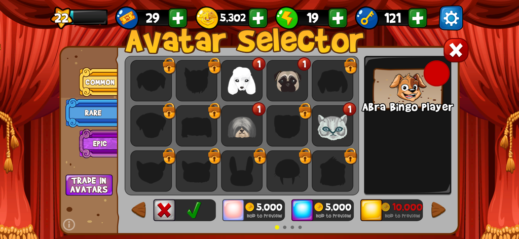 Avatar selector screen in Abradoodle Bingo featuring collectible dog and cat pet icons.
