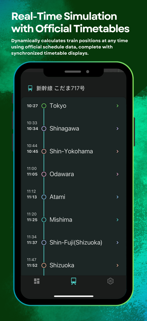 Real-time Shinkansen timetable simulation interface with station arrival and departure times