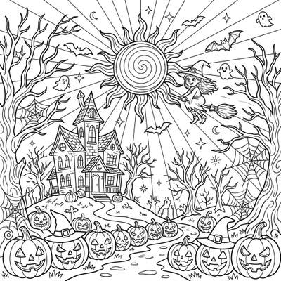 Explore a unique Halloween scene where the midday sun casts its glow over a haunted landscape. This captivating coloring page features a flying witch, a spooky mansion, and an array of cheerful jack-o'-lanterns.