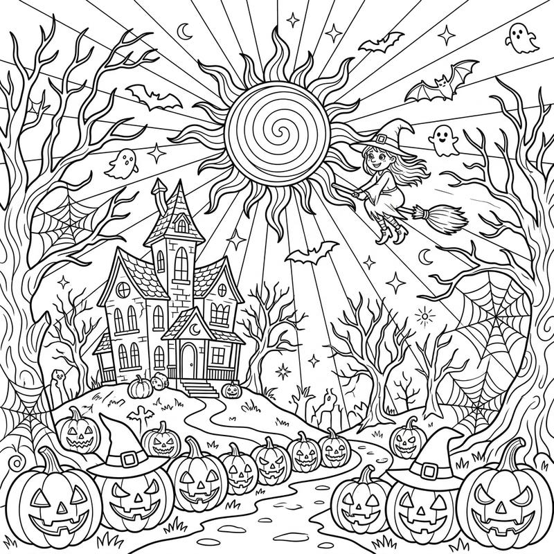 Explore a unique Halloween scene where the midday sun casts its glow over a haunted landscape. This captivating coloring page features a flying witch, a spooky mansion, and an array of cheerful jack-o'-lanterns.