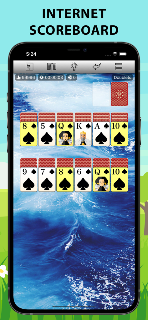 700 Solitaire Games Pro - Mobile app screenshot of 700 Solitaire Games Pro displaying an internet scoreboard and a solitaire game layout over a scenic ocean background