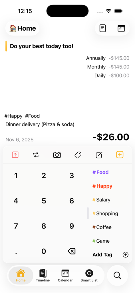 Spendy - Budget, Diary - Spendy app home screen showing a transaction entry for dinner delivery with a numeric keypad and custom tags