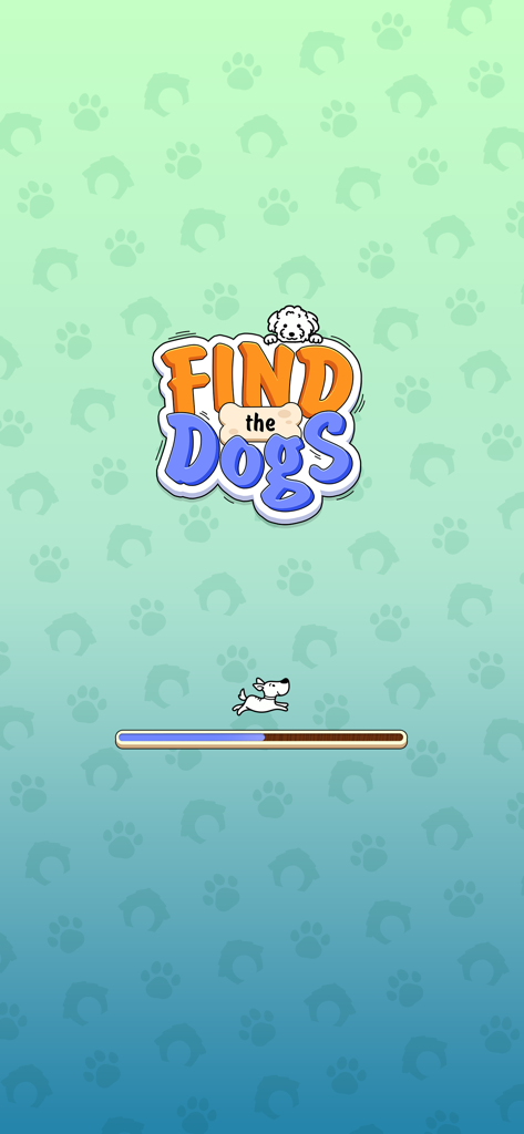Find The Dogs - Loading screen for the mobile game Find The Dogs featuring a logo and a dog running on a progress bar