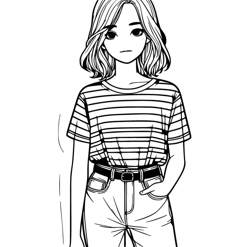 a realistic teenage girl wearing a striped shirt and jeans
