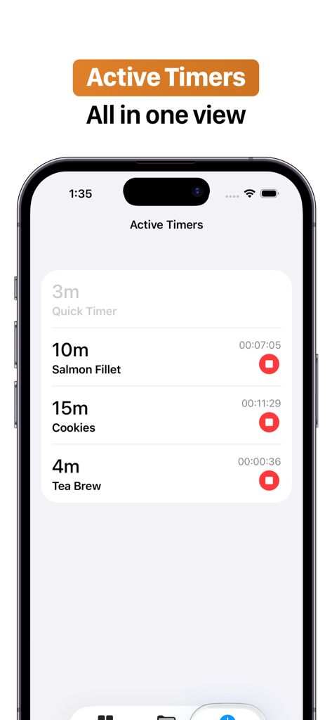 Cooking Timer+ Multiple Timers - iPhone screen showing multiple active cooking timers for salmon cookies and tea brew in one view.
