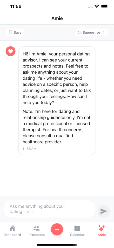 Heartlog - Dating Journal - Chat interface of Amie, the AI dating advisor in the Heartlog app