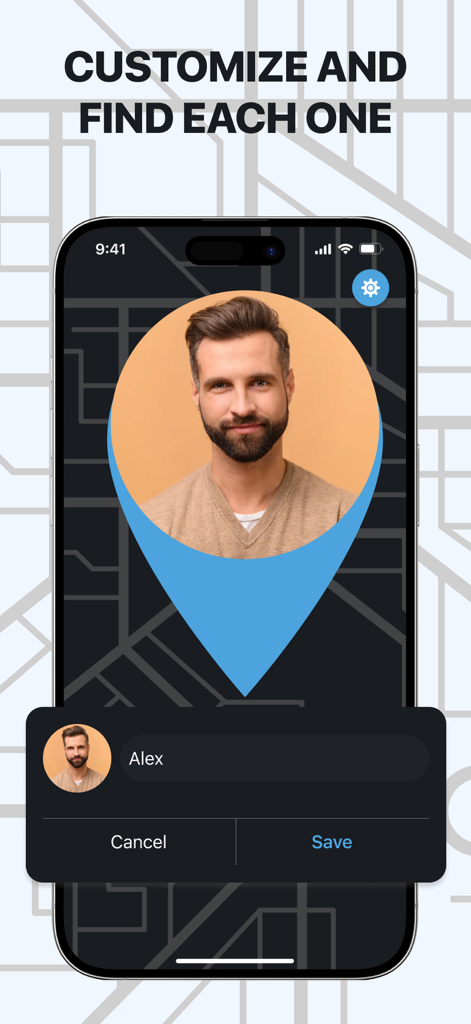 iLoca: Phone Tracker Location - Interface showing how to customize a contact with a photo and name on a map in the iLoca location tracker app