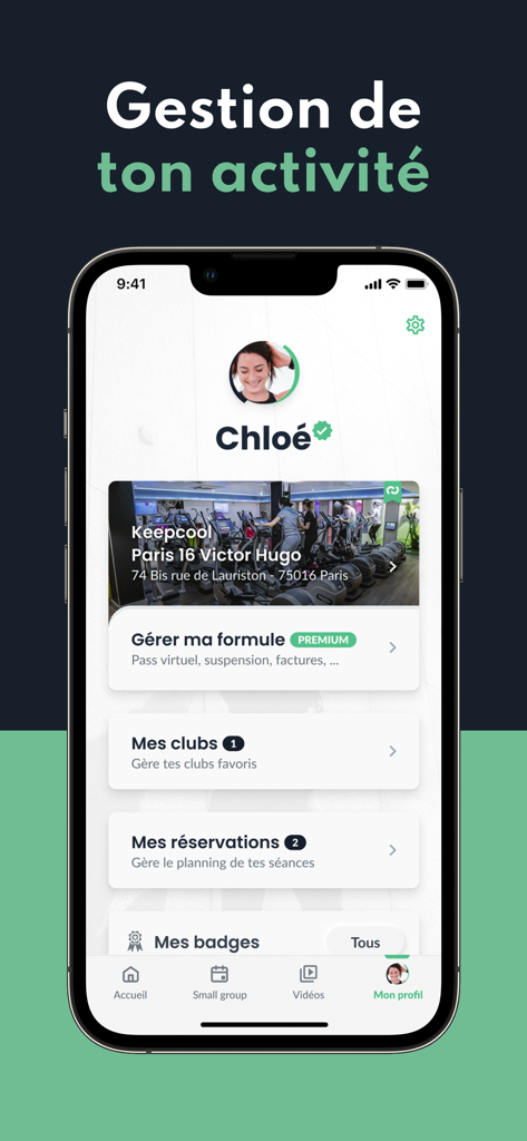 Keepcool mobile app screen showing user profile and gym membership management options