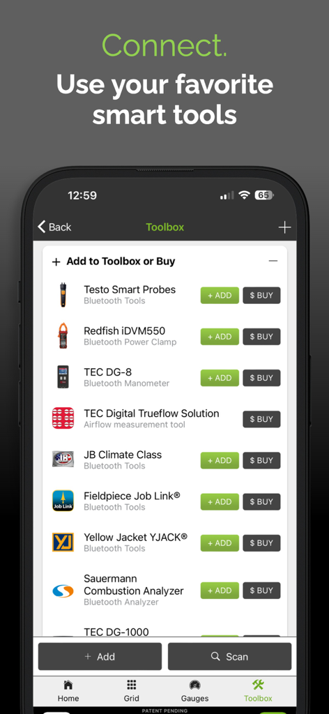 Screen showing compatible Bluetooth smart tools and probes in the measureQuick HVAC app