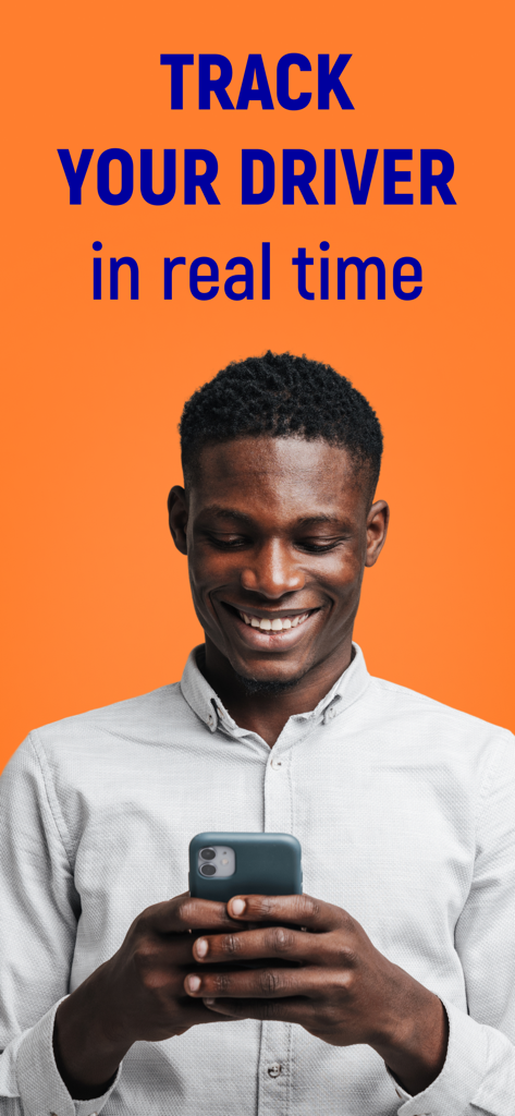 A smiling man using the SoRo Service app to track his taxi driver in real time