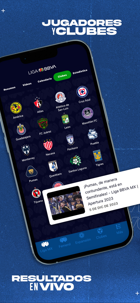 Liga BBVA MX - Official Liga BBVA MX app interface showing Mexican soccer team logos and live match news