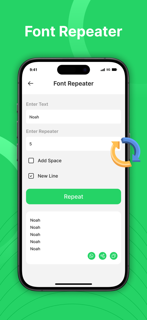 Dual WA Web & GB Tools - Interfaz de la función Repetidor de Fuentes en la aplicación WA Web Dual y Herramientas GB que muestra texto repetido cinco veces en nuevas líneas
