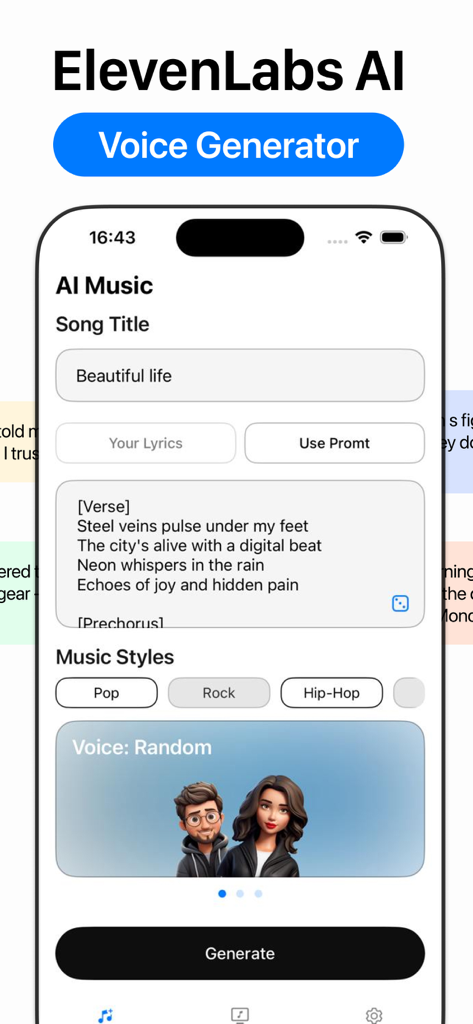 Eleven Labs AI Voice Generator - User interface of the Eleven Labs AI Voice Generator app showing options to create AI music with lyrics and genres like Pop Rock and Hip-Hop