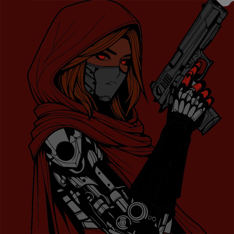 realistic female assassin with metal arm with a cape holding a gun