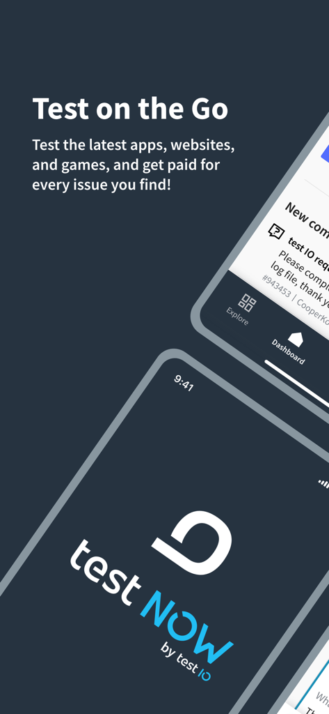 Promotional screen for the testNow app with the heading Test on the Go and an overview of freelance QA testing tasks.