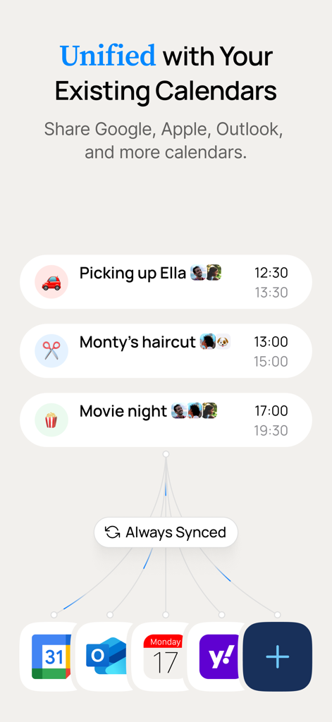 OurCal: Group Calendar Share - OurCal app interface showing a unified view of events synced from Google Apple and Outlook calendars