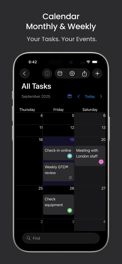 Vue mensuelle du calendrier Firetask 5 montrant les tâches et les événements sur un iPhone
