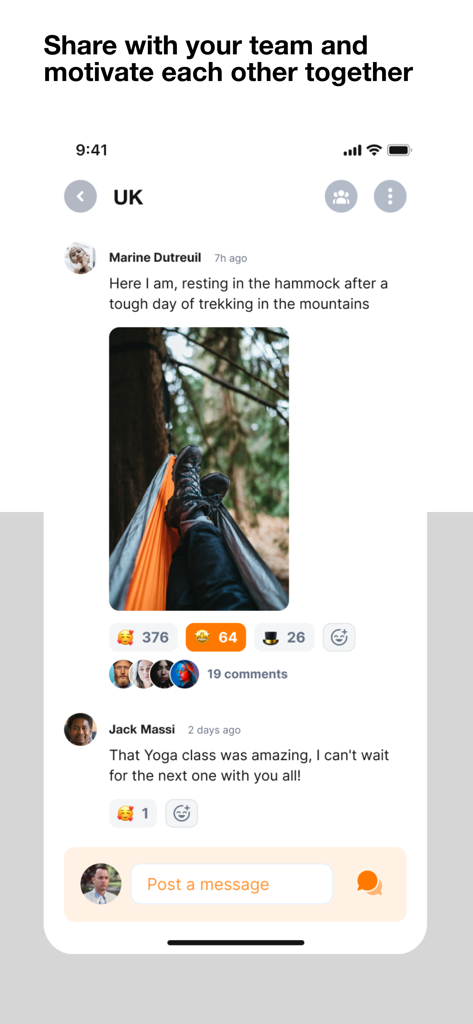 Feed de equipo de la aplicación Orange Heroes que muestra publicaciones de empleados y actualizaciones de actividad para motivación social