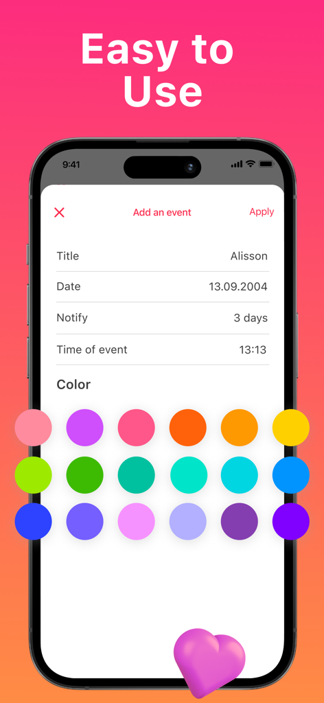 색상 옵션으로 관계 이벤트 추가 및 사용자 정의의 쉬운 프로세스를 보여주는 My Love 앱의 인터페이스