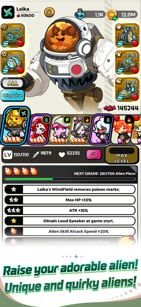 HungryAliens - HungryAliens game menu showing character customization and equipment upgrades for an adorable alien pilot