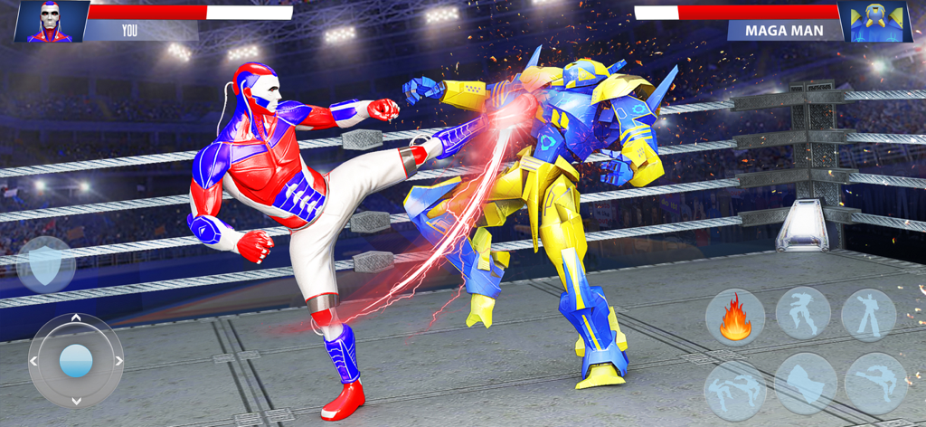 Real Robot Boxing : Macarena - A 1v1 robot fighting match in a boxing ring featuring a powerful kick and special effects.