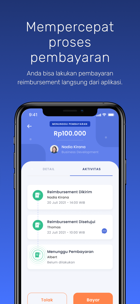 Apollo Xendit - Apollo Xendit mobile app showing a reimbursement tracking timeline and payment options