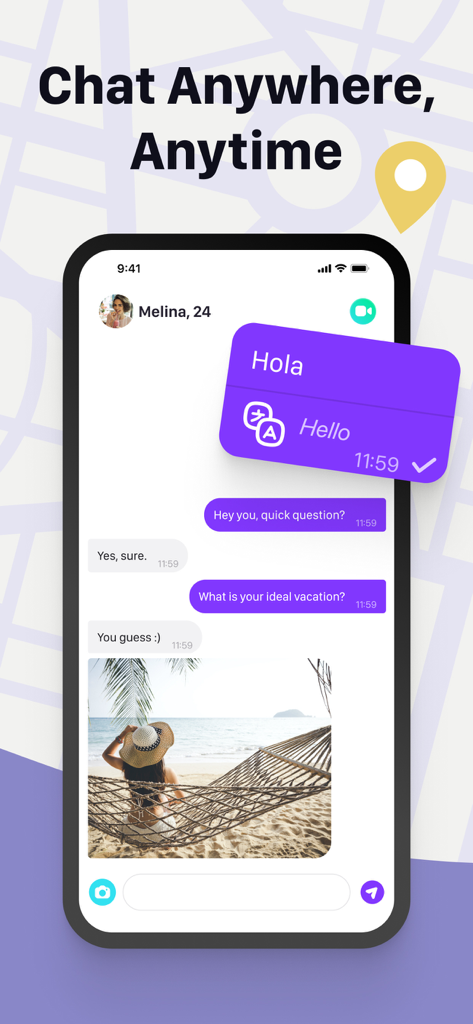 A mobile screen showing a chat conversation in Joi app with real-time translation from Spanish to English and a photo shared in the message thread.