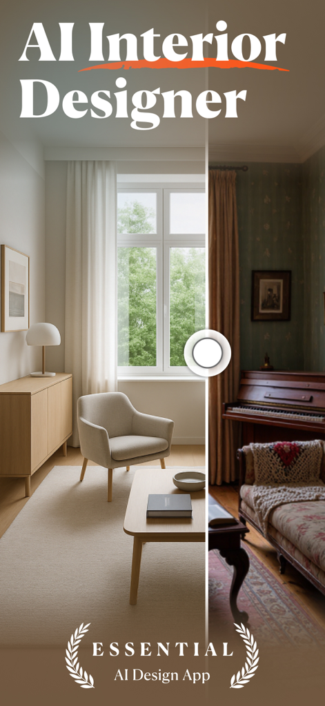 Tela dividida mostrando a transformação de um cômodo de um estilo escuro e tradicional para um estilo Japandi minimalista moderno usando o aplicativo NestAI