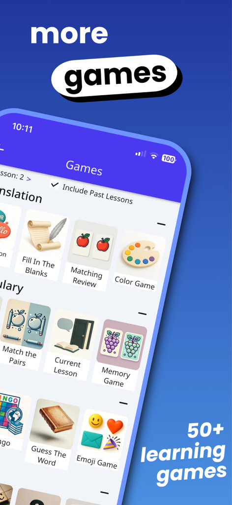 World Schoolbooks Languages - Mobile app screen displaying various interactive language learning games like matching and memory exercises.