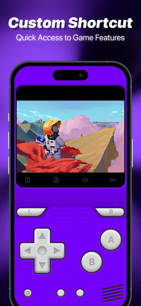 Manic EMU app displaying a custom purple retro game controller skin with shortcut options