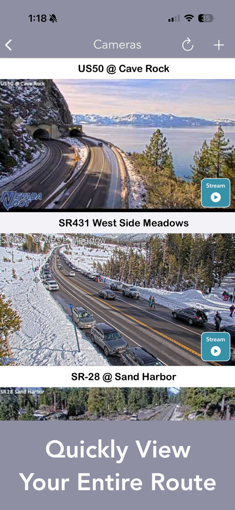 App interface showing multiple live CCTV traffic camera feeds for Nevada road conditions including US50 at Cave Rock and SR431.