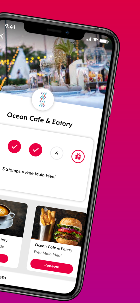Flex Rewards App-Oberfläche mit einer digitalen Stempelkarte für Ocean Cafe and Eatery