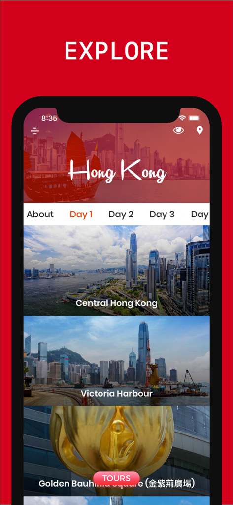 Hong Kong Travel Guide .. - 빅토리아 하버가 포함된 홍콩 여행 가이드 앱의 1일차 일정 표시 스마트폰 화면