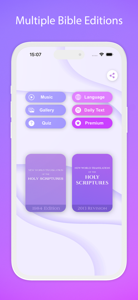 Jehovah’s Witnesses NWT Bible - Oberfläche der NWÜ Bibel-App, die Optionen für mehrere Bibelausgaben und Studientools zeigt