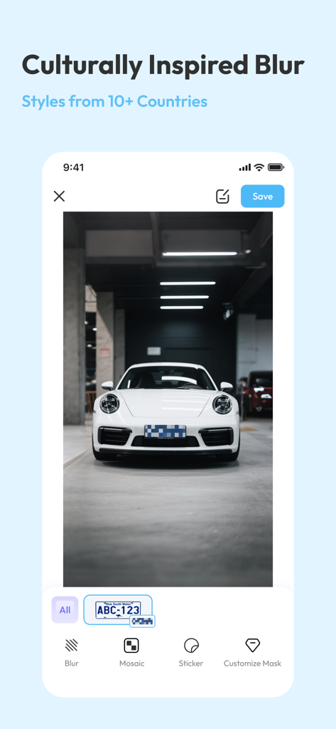 WuMask - WuMask mobile app interface showing a white car with a blurred license plate and culturally inspired mask options.