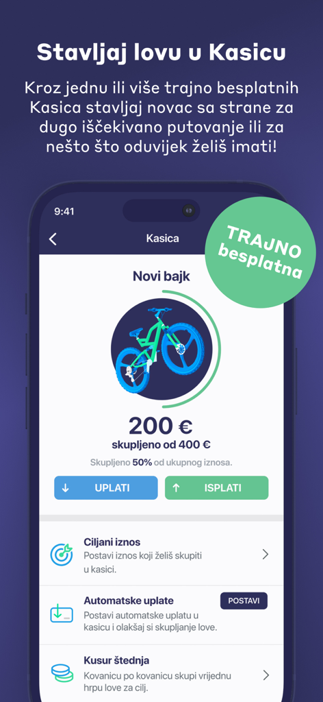 KEKS Pay - Interfaz de un tarro de ahorros digital de la aplicación móvil KEKS Pay que muestra el progreso hacia un objetivo financiero para una bicicleta nueva
