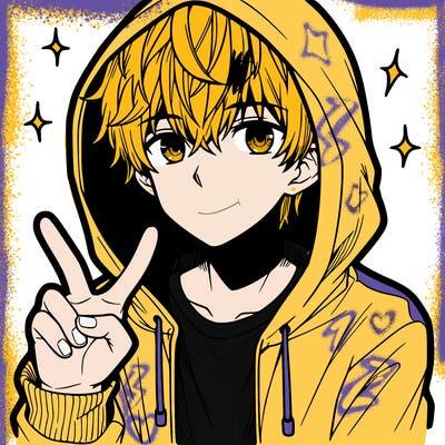 teenage manga boy in a hoodie, doing ✌