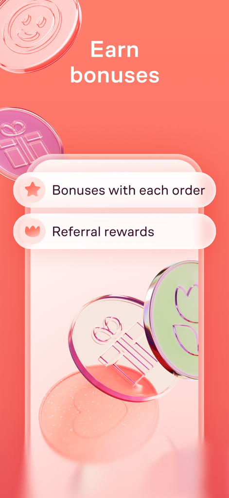 Flowwow: Shop Flowers & Gifts - Flowwow app screen displaying options to earn bonuses with every order and referral rewards