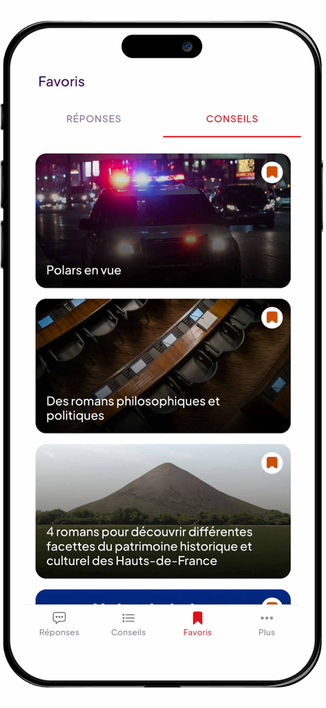 Eurêkoi - Écran des favoris de l'application eurekoi montrant des recommandations culturelles organisées