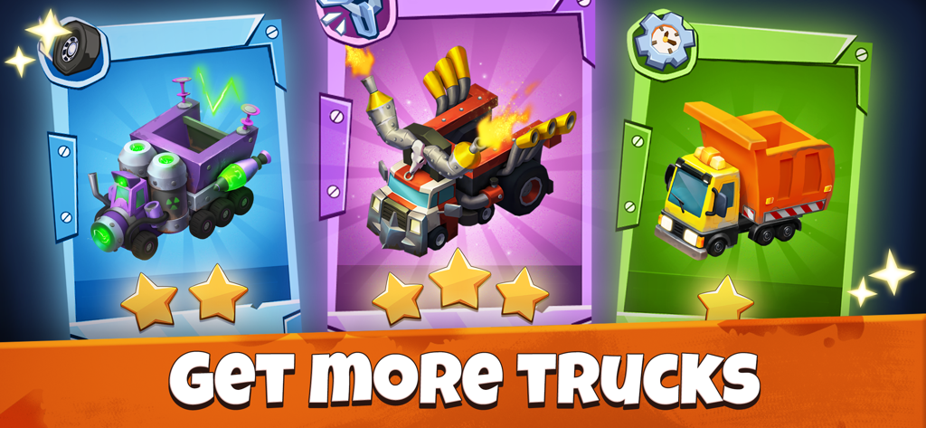 Idle Junkyard Tycoon: Be Rich! - Exhibición de tres camiones de basura coleccionables diferentes con clasificaciones por estrellas en Idle Junkyard Tycoon