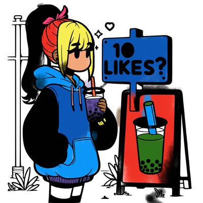 girl with oversized hoodie drinking boba and she has a high ponytail with a sign that says 10likes?