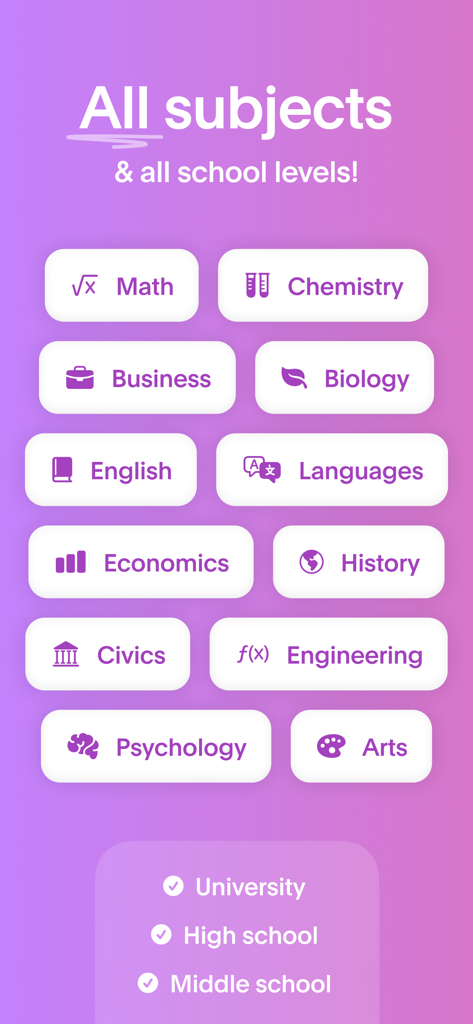 Atlas: AI Study Companion - Interface do Atlas AI Study Companion exibindo várias matérias acadêmicas como Matemática e Biologia em diferentes níveis escolares, incluindo Universidade e Ensino Médio.