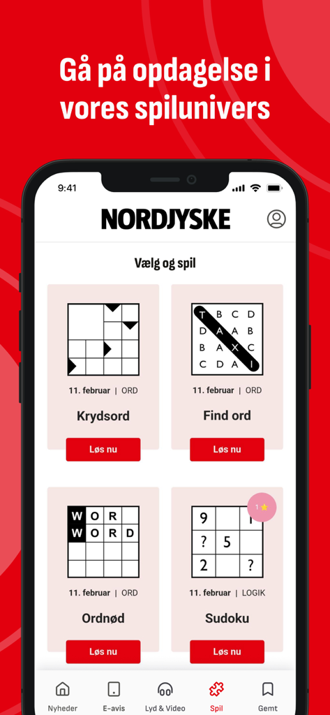 Nordjyske - A screenshot of the Nordjyske app games section showing digital puzzles like crosswords, word searches, and Sudoku.
