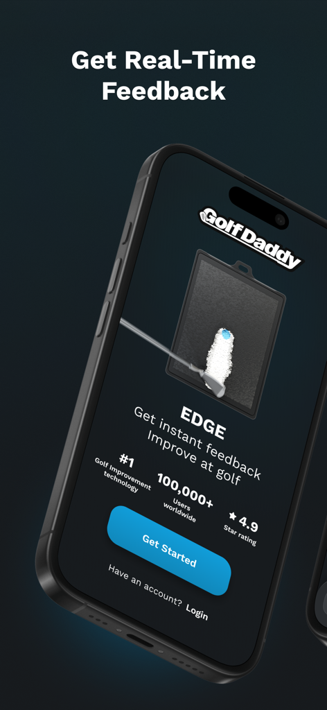Golf Daddy: Golf At Home - Golf Daddy app start screen featuring real-time swing feedback and home golf simulator stats