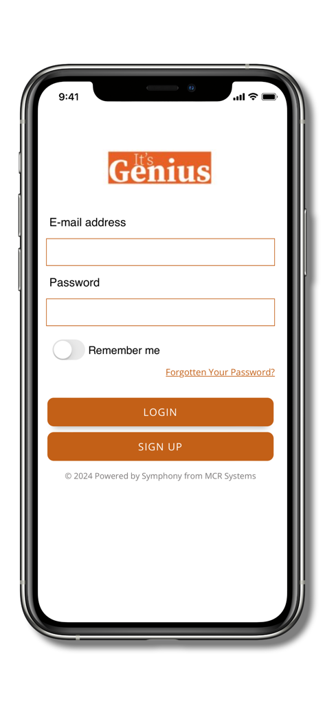 Genius Rewards Scheme - Login and sign up screen for the Genius Rewards Scheme mobile app showing email and password fields